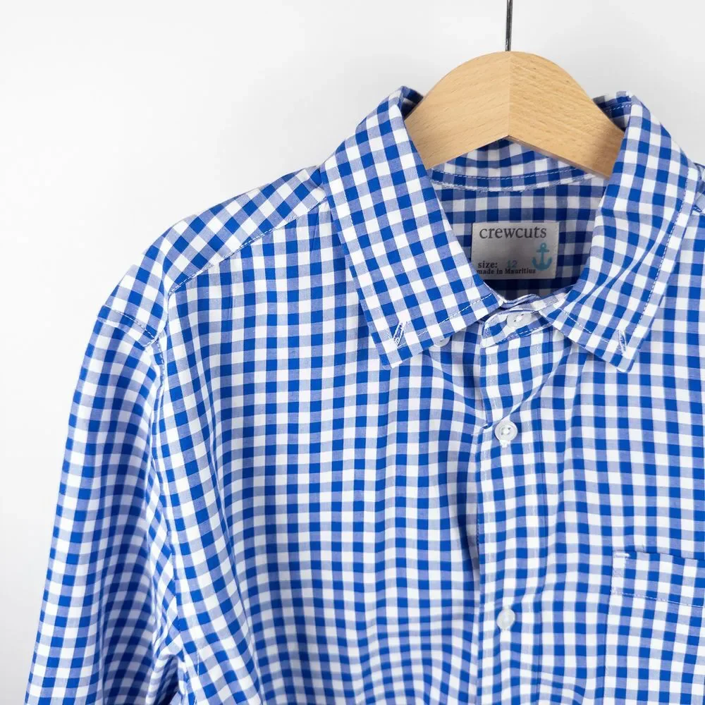 Crewcuts Cotton Poplin Collared Gingham Pocket Button Down Shirt Blue Kids Sz 12